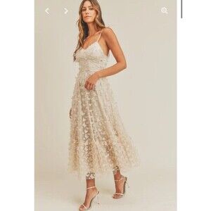 Ivory Small 3-d Midi Dress Chiffon Corset Long Butterfly Ruffle Fairy Boho Party